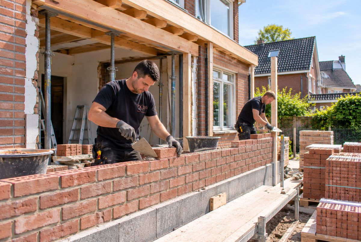 Twee Nederlandse aannemers voeren metselwerk uit aan de bakstenen buitenmuur van een aanbouw tijdens een woninguitbreiding