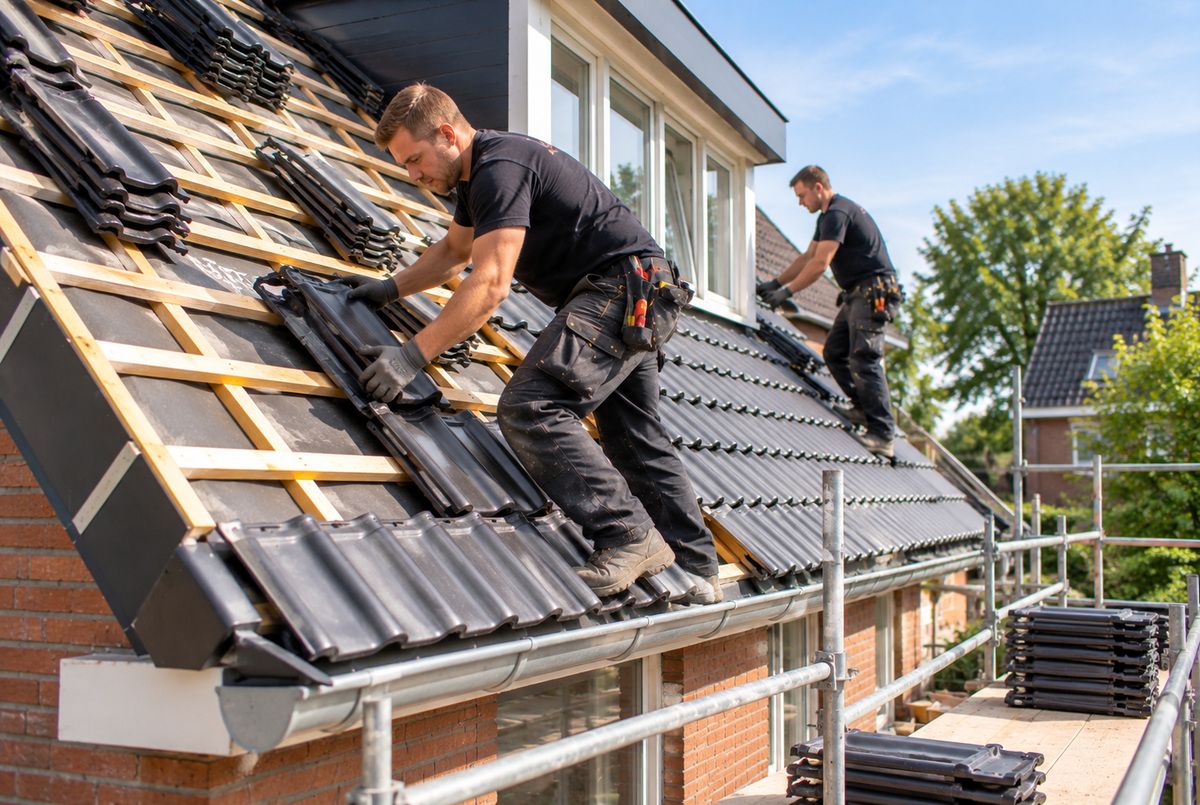Twee Nederlandse aannemers leggen zwarte dakpannen op het schuine dak van een woning tijdens een dakrenovatie