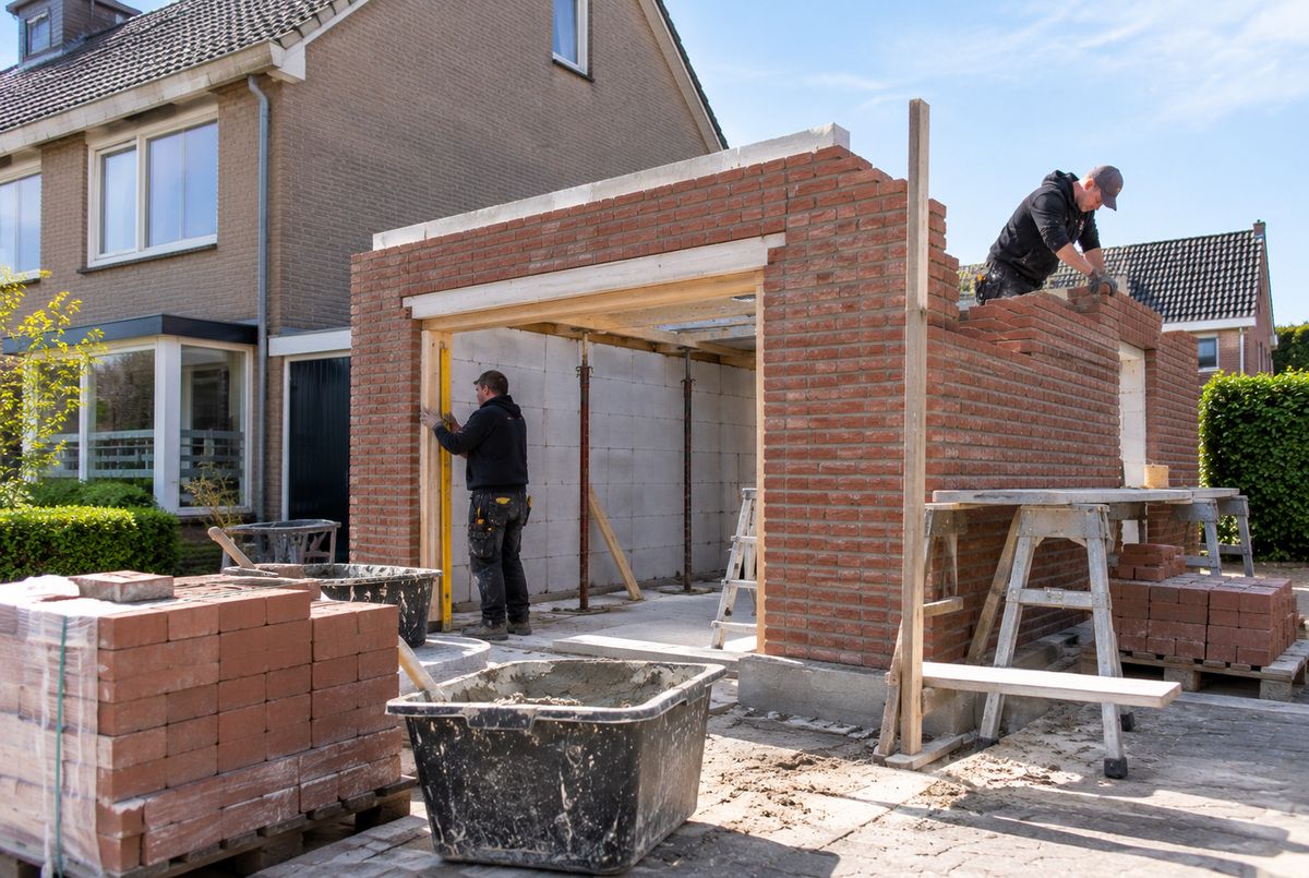 Twee aannemers metselen de buitenmuren van een aanbouw aan een bestaande woning en controleren de maatvoering van de constructie
